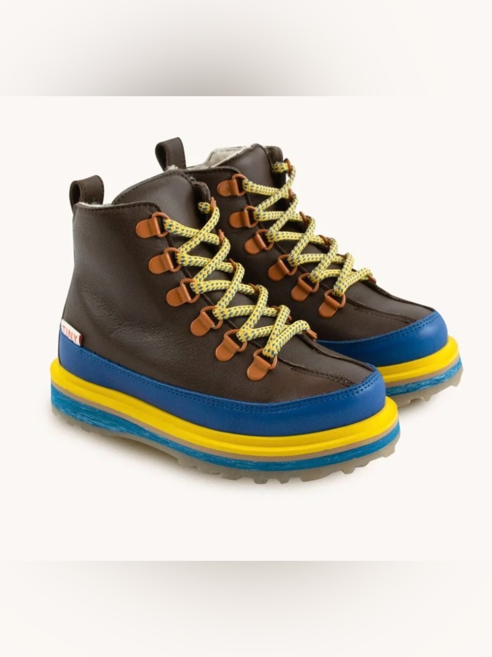 Kids Brown Leather Boots with Blue & Yellow Accents